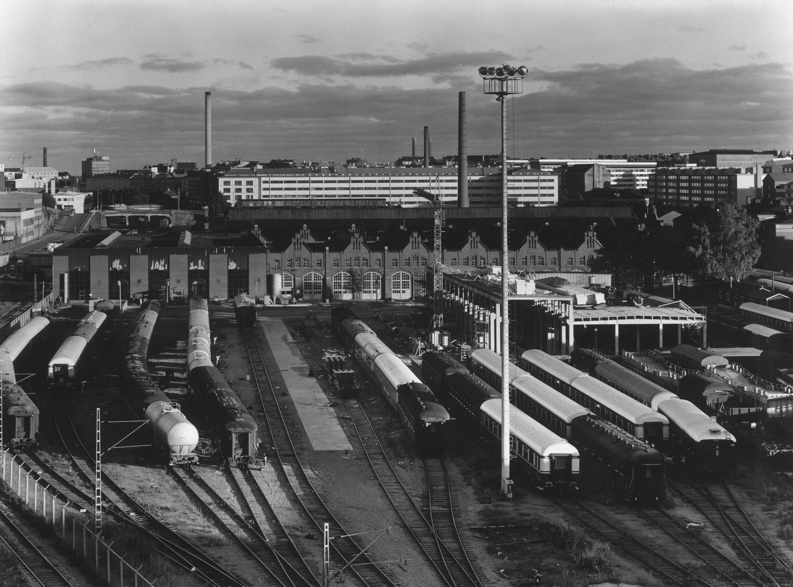 Black and white photo of the railway yard and workshops in 1976